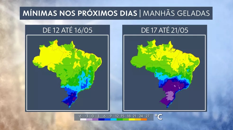 Previsão do tempo: mínimas previstas para o período entre 12 e 21. Frio vai se intensificar na próxima semana. — Foto: Reprodução/TV Globo