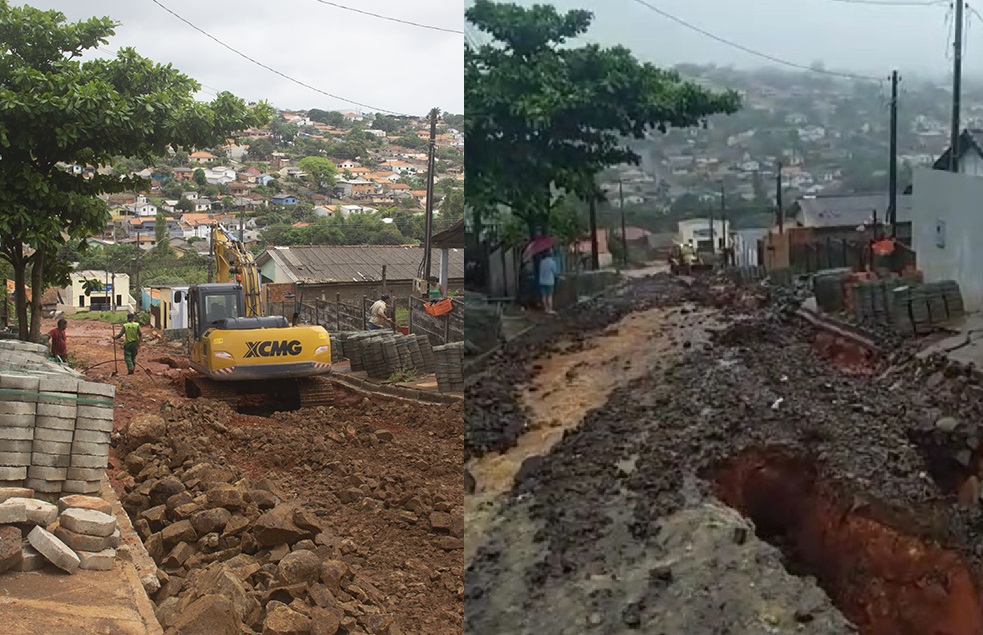 Foto mostra semana passada e hoje. Máquinas tentaram amenizar os problemas na última quinta-feira (5), e hoje a força da água voltou a abrir crateras nas ruas deixando a população preocupada. Foto Folha Extra/Reprodução de Vídeo de Morador
