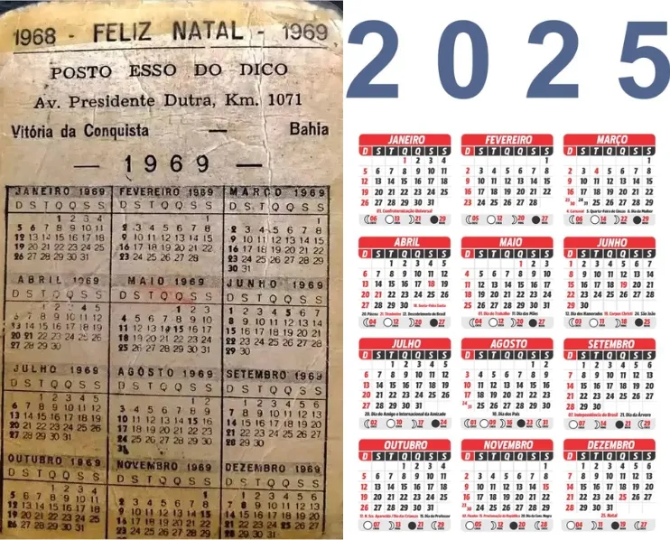 Calendários de 1969 e 2025 são curiosamente idênticos. Foto: Divulgação/Internet