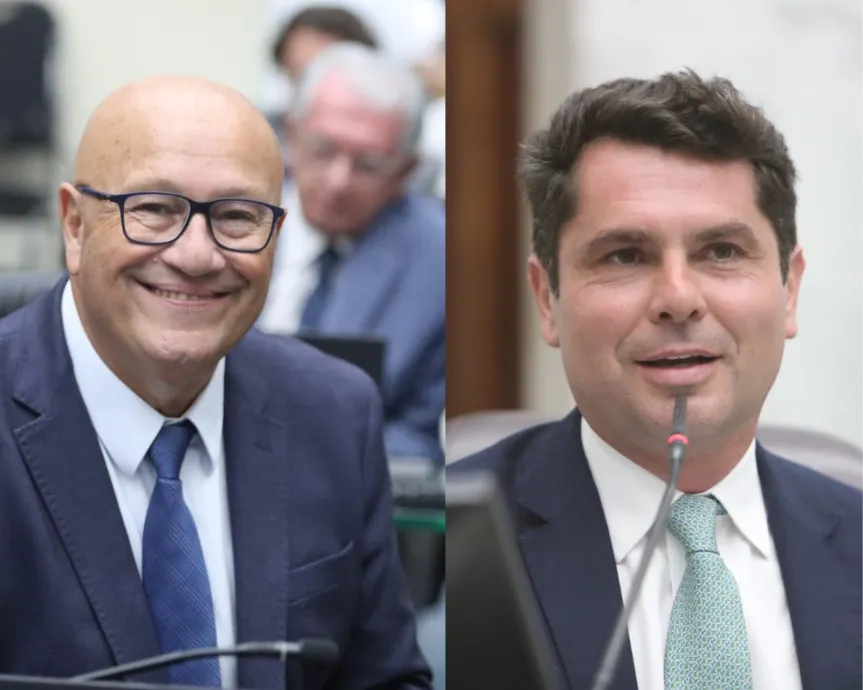 Os deputados Luiz Claudio Romanelli (PSD) e Alexandre Curi, presidente da Assembleia Legislativa Paraná, autores do requerimento. Foto: Divulgação/Assessoria Parlamentar
