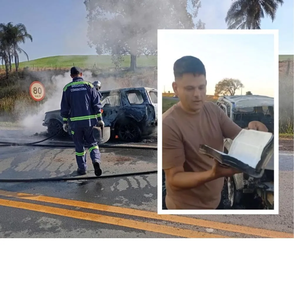 Em meio ao cenário de destruição, ele se deparou com algo surpreendente: a Bíblia da família estava intacta. Foto Divulgação PRE e Reprodução Arquivo Pessoal