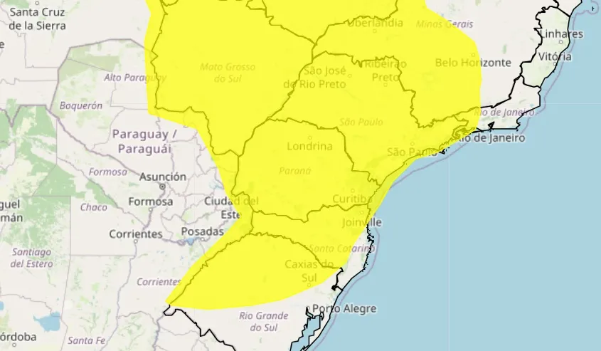 O Instituto Nacional de Meteorologia (Inmet) mantém alerta amarelo de tempestade para grande parte do Paraná. Fonte Inmet
