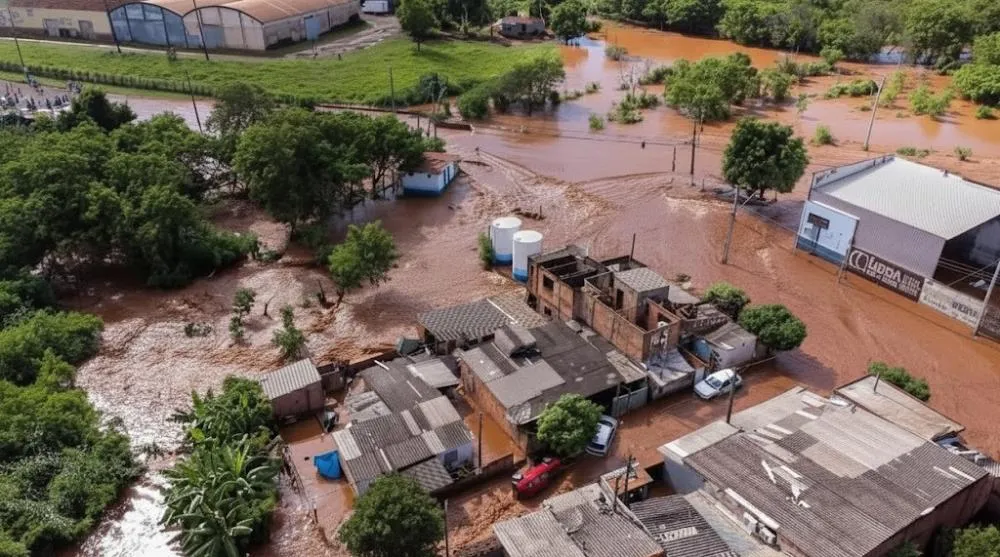 Ruas de Bandeirantes alagadas depois da chuva intensa que fez a barragem transbordar. Foto: E.Motion