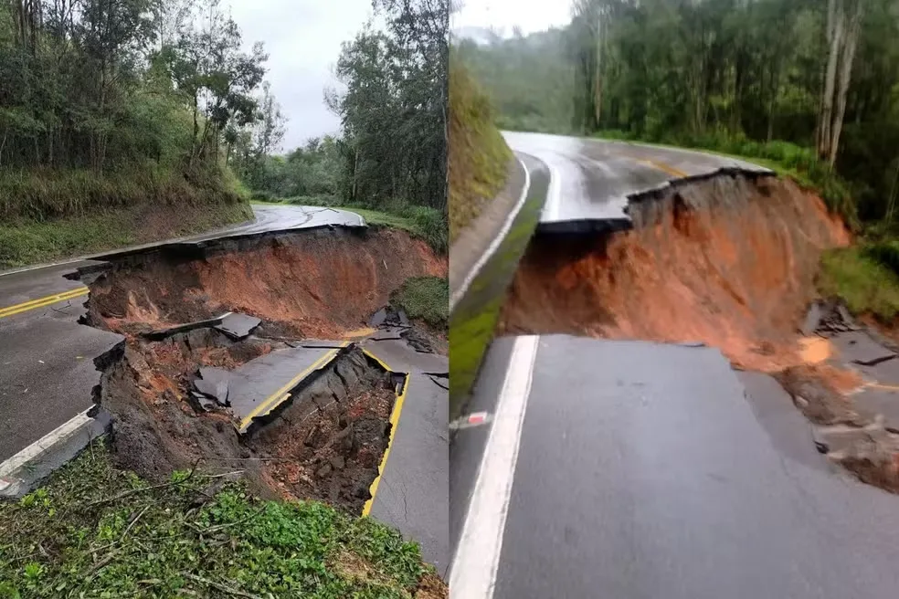 Erosão faz asfalto 'desabar' e deixa cidade isolada no Paraná — Foto: PRF