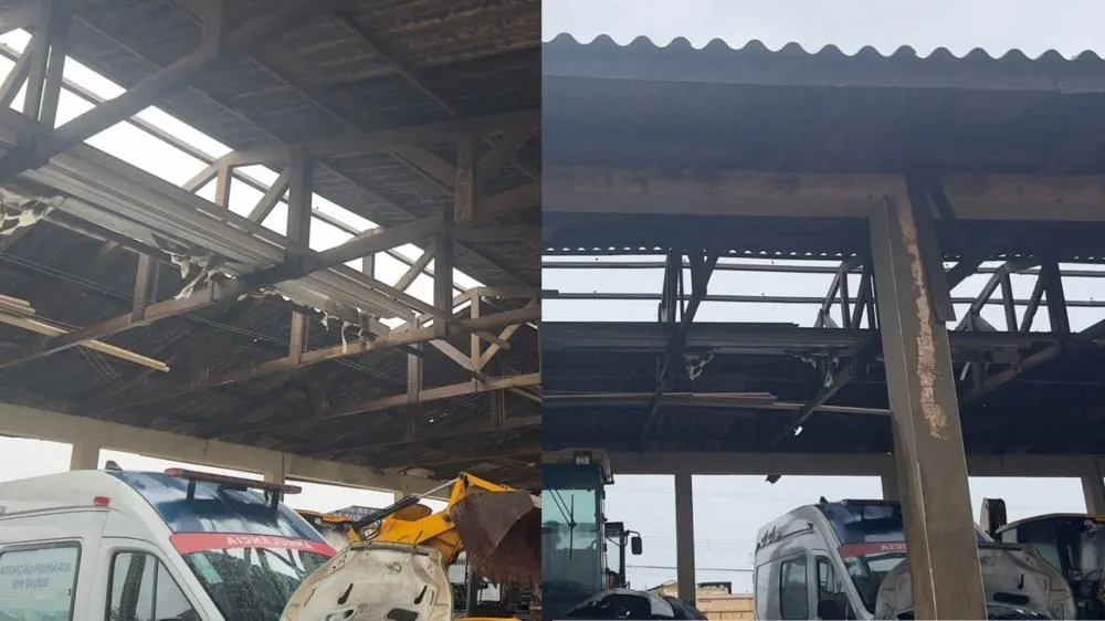 Ventos arrancam telhado do barracão do Pátio de Obras em Wenceslau Braz
