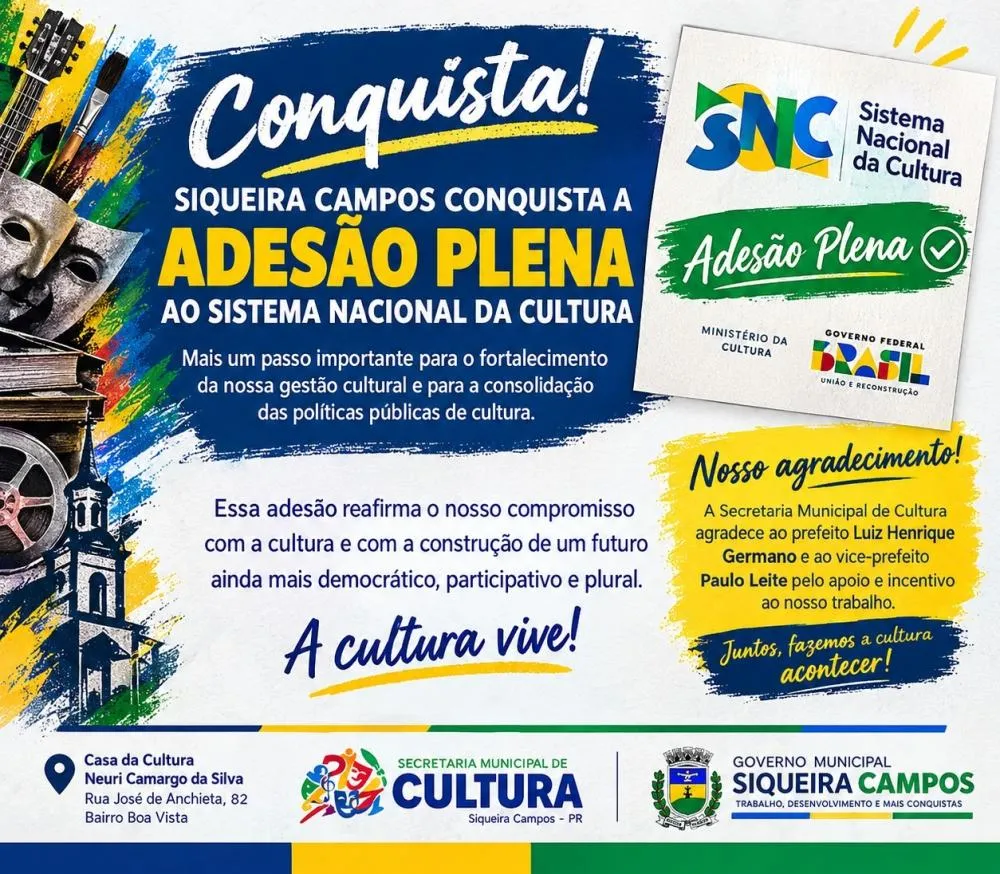 Siqueira Campos conquista adesão plena ao Sistema Nacional de Cultura
